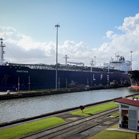 Two cargo ships enter the Miraflores Locks of the Panama Canal in Panama City on January 22, 2025. (MARTIN BERNETTI/AFP via Getty Images)