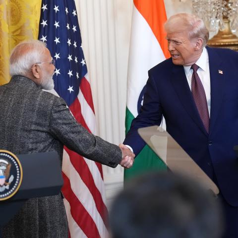 President Donald Trump and Indian Prime Minister Narendra Modi hold a joint press conference in the East Room at the White House on February 13, 2025, in Washington, DC. (Photo by Andrew Harnik/Getty Images)