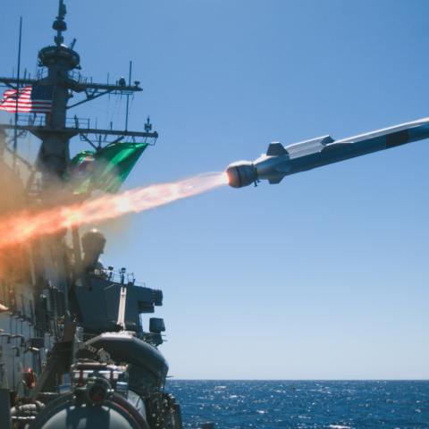 The guided-missile destroyer USS Fitzgerald fires the first Naval Strike Missile from a US destroyer on July 18, 2024, in the Pacific Ocean. (US Navy photo)