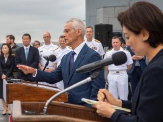 US Ambassador to Japan Rahm Emanuel addresses the media during a press conference on the flight deck of USS Ronald Reagan in Yokosuka, Japan, on May 16, 2024. (US Navy photo by Mass Communication Specialist 2nd Class Keyly Santizo)