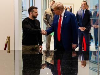 Volodymyr Zelenskyy and Donald Trump shake hands during a meeting on September 27, 2024, in New York City. (Alex Kent via Getty Images)