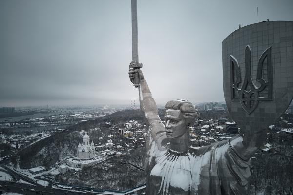 An aerial view shows Ukraine's Motherland Monument with its new Ukrainian coat of arms shield on November 22, 2023, in Kyiv, Ukraine. (Kostya Liberov/Libkos via Getty Images)