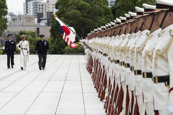 Gen. Hiroaki Uchikura, chief of staff of the Japan Air Self-Defense Force, and Chief of Space Operations Gen. Chance Saltzman participate in an Honor Guard ceremony at the Ministry of Defense in Tokyo Japan, Sept. 25, 2023. (U.S. Air Force photo by Tech. Sgt. Stephanie Serrano)