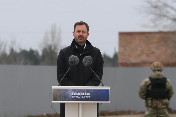 Prime Minister of Slovakia Eduard Heger speaks during an event with participant of Ukrainian President Volodymyr Zelensky and foreign leaders in Ukraine on March 31, 2023. (STR/NurPhoto via Getty Images)