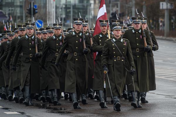  Latvian soldiers march during a military parade on Armed Forces Day 2023 in Vilnius. (Photo by Yauhen Yerchak/SOPA Images/LightRocket via Getty Images)