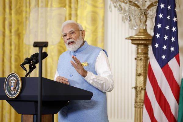 Indian Prime Minister Narendra Modi delivers remarks during a joint press conference with US President Joe Biden at the White House on June 22, 2023, in Washington, DC. (Photo by Anna Moneymaker/Getty Images)