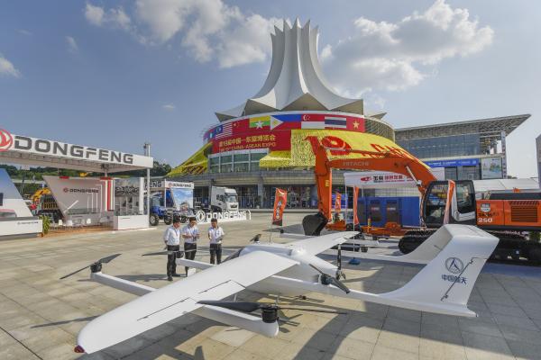 China Aerospace Science and Technology Corporation displays a medium-range composite wing unmanned aerial vehicle at the Nineteenth ASEAN Expo in Nanning, China, on September 18, 2022. (CFOTO/ Future Publishing via Getty Images)