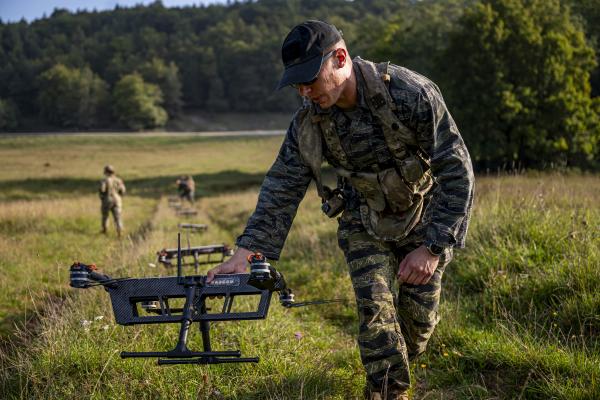 U.S. Army Staff Sgt. Shawn Bailey, a Small Unmanned Aerial System master trainer with the 1st Battalion of the 4th Infantry Regiment, sets up a TS-M800 II drone during Saber Junction 23 at the Joint Multinational Readiness Center near Hohenfels, Germany, Sept. 11, 2023. (DVIDS)