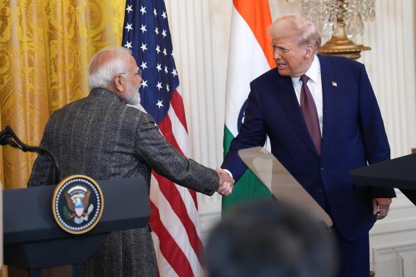 President Donald Trump and Indian Prime Minister Narendra Modi hold a joint press conference in the East Room at the White House on February 13, 2025, in Washington, DC. (Photo by Andrew Harnik/Getty Images)