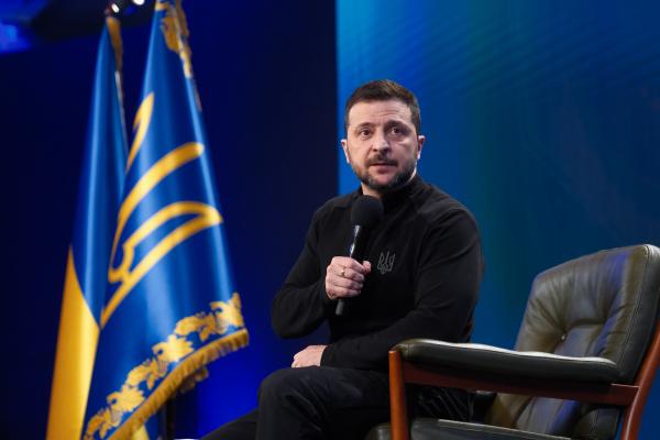 President of Ukraine Volodymyr Zelenskyy gives a press conference on February 23, 2025, in Kyiv, Ukraine. (Getty Images)