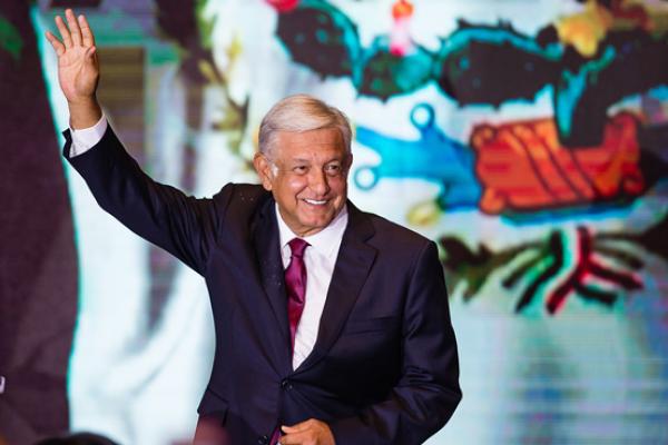 Andres Manuel Lopez Obrador salutes attendants after his victory in the elections for the Presidency of Mexico, July 1, 2018 