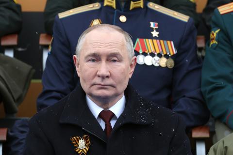 Vladimir Putin attends the Victory Day military parade in Moscow on May 9, 2024. (Mikhail Klimentyev/AFP via Getty Images)