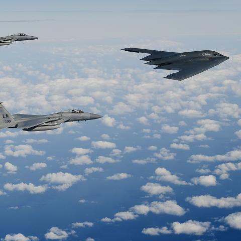 A B-2A Spirit bomber assigned to the 509th Bomb Wing leads a delta formation consisting of  two F-15C Eagles assigned to the 48th Fighter Wing and two Royal Air Force F-35B Lightnings as they  conduct aerial operations over the North Sea on September 16, 2019. (US Air Force)