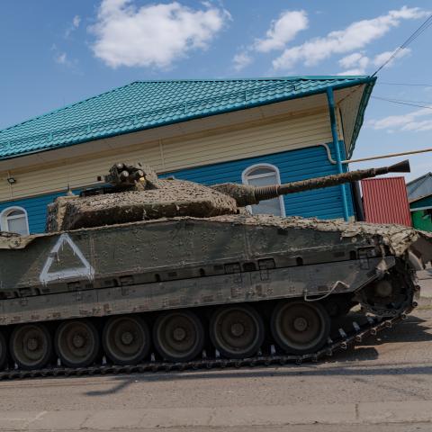 The Combat Vehicle 90 (CV90) drives down the street on August 27, 2024, in Kursk Region, Russia. (Oleg Palchyk/Global Images Ukraine via Getty Images)