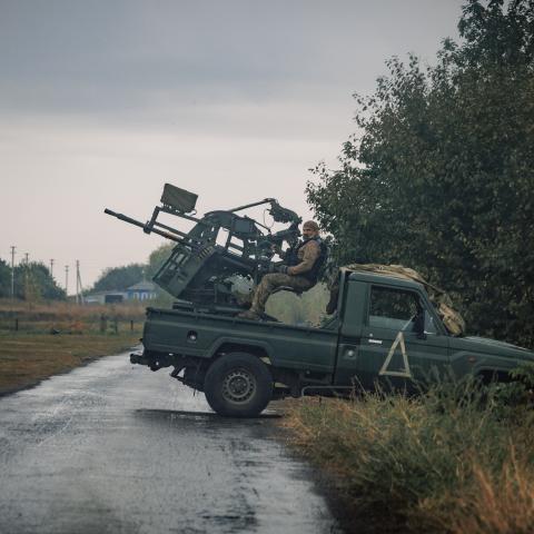 A Ukrainian soldier sits behind an MR-2 Viktor anti-aircraft system on September 11, 2024, in Sudzha, Kursk Region, Russia. (Oleg Palchyk/Global Images Ukraine via Getty Images)