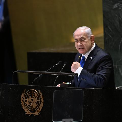 Israeli Prime Minister Benjamin Netanyahu speaks during the 79th Session of the United Nations General Assembly in New York City on September 27, 2024.  (Fatih Aktas/Anadolu via Getty Images)