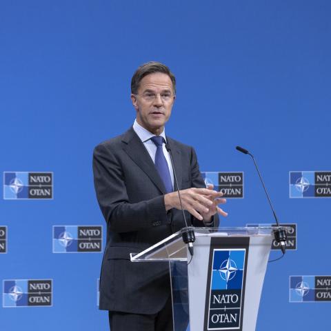 NATO Secretary General Mark Rutte holds the closing press conference during the defence ministers' meetings on October 18, 2024, in Brussels, Belgium. (Omar Havana via Getty Images)