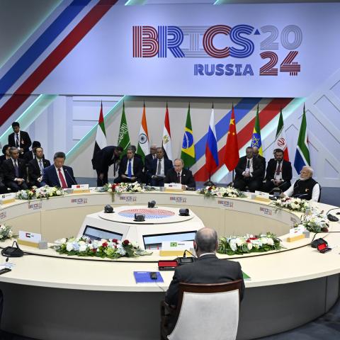 The presidents of Brazil, Russia, India, China, South Africa, Iran, Egypt, Ethiopia, and the United Arab Emirates attend the narrow format meeting of the BRICS summit in Kazan, Russia, on October 23, 2024. (Alexander Nemenov/AFP via Getty Images)