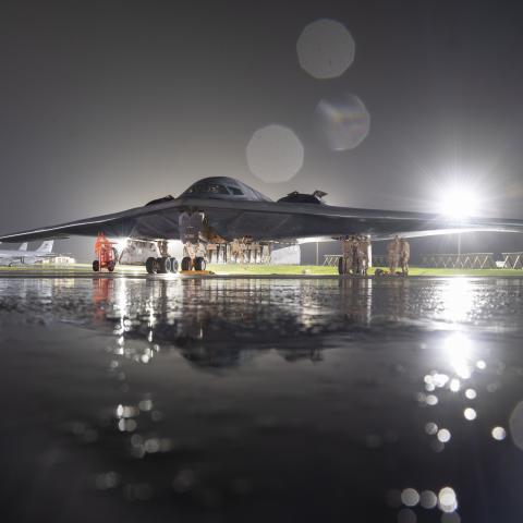 U.S. Air Force Members from the 131st Bomb Wing, Missouri Air National Guard, begin preparations for a hot pit refuel on a B-2 Spirit at Andersen Air Force Base, Guam, Sept. 10, 2024. (DVIDS)