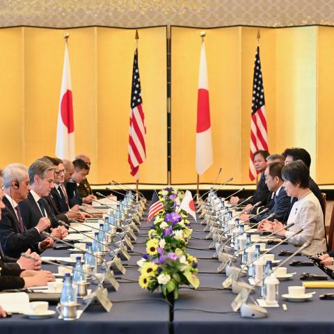 Antony Blinken and the US delegation sit opposite Japan's Foreign Minister Yoko Kamikawa during the "Extended Deterrence Ministerial Meeting" in Tokyo on July 28, 2024. (Kazuhiro Nogi/AFP via Getty Images)