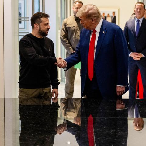 Volodymyr Zelenskyy and Donald Trump shake hands during a meeting on September 27, 2024, in New York City. (Alex Kent via Getty Images)