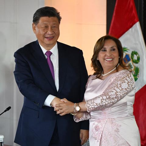 China's President Xi Jinping and Peru's President Dina Boluarte shake hands in Lima, Peru, on November 14, 2024. (Ernesto BenavidesAFP via Getty Images)