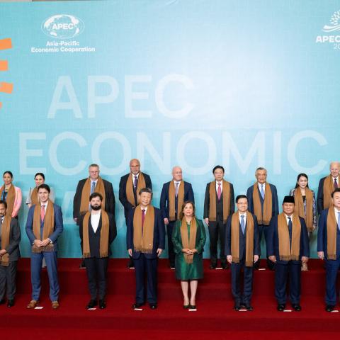 Joe Biden and other leaders participate in a family photo during the Asia-Pacific Economic Cooperation (APEC) Leaders' Retreat summit in Lima, Peru, on November 16, 2024. (Saul Loeb/AFP via Getty Images)