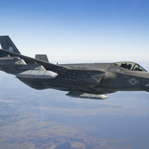  An F-35 Lightning II test pilot conducts flight test Sept. 10 to certify the carrier variant of the fighter aircraft for carrying the AGM-158C Long-Range Anti-Ship Missile (LRASM).