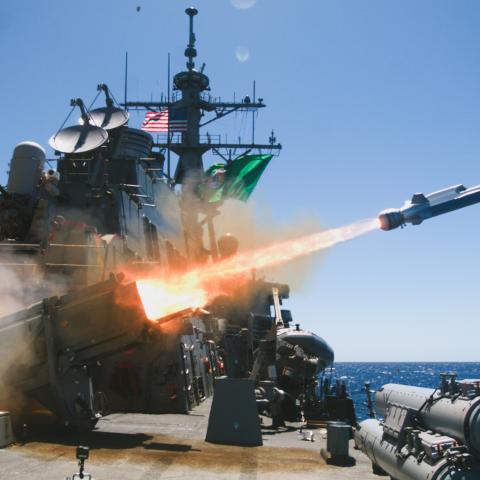 The Arleigh Burke-class guided-missile destroyer USS Fitzgerald (DDG 62), while participating in Exercise Rim of the Pacific (RIMPAC) 2024, fires the first naval strike missile from a U.S. destroyer July 18. (DVIDS)