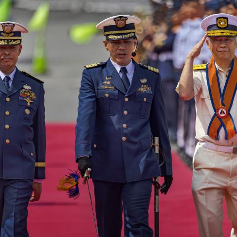 apan Coast Guard Commandant Admiral Shohei Ishii (right) and Philippine Coast Guard  Chief of Staff Commodore Joeven Fabul (left) take part in arrival honors at the Philippine Coast Guard  headquarters on November 4, 2023, in Manila, Philippines, as the countries seek to bolster military ties  after tensions escalated between China and the Philippines in the South China Sea. (Ezra Acayan via  Getty Images)