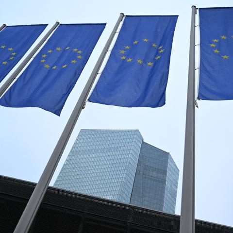 European Union flags outside the European Central Bank’s headquarters in Frankfurt, Germany, on December 12, 2024. (Kirill Kudryavtsev/AFP via Getty Images)