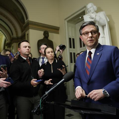 Speaker of the House Mike Johnson speaks to reporters on December 19, 2024, in Washington, DC. (Kevin Dietsch via Getty Images)