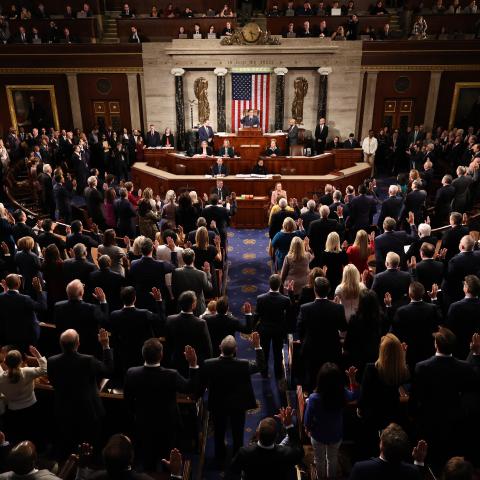 U.S. Representatives of the 119th Congress are sworn in during the first day of session in the House Chamber of the U.S. Capitol Building on January 03, 2025 in Washington, DC. Rep. Mike Johnson (R-LA) retained his Speakership in the face of opposition within his own party as the 119th Congress holds its first session to vote for a new Speaker of the House. (Photo by Chip Somodevilla/Getty Images)