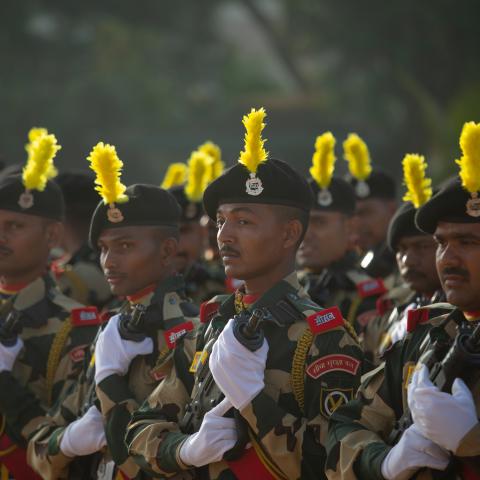 Personnel of the Border Security Force (BSF) take part in a full dress rehearsal parade in preparation for Republic Day celebrations on January 24, 2025 in Bengaluru, India. India celebrates its Republic Day on January 26. (Photo by Abhishek Chinnappa/Getty Images)