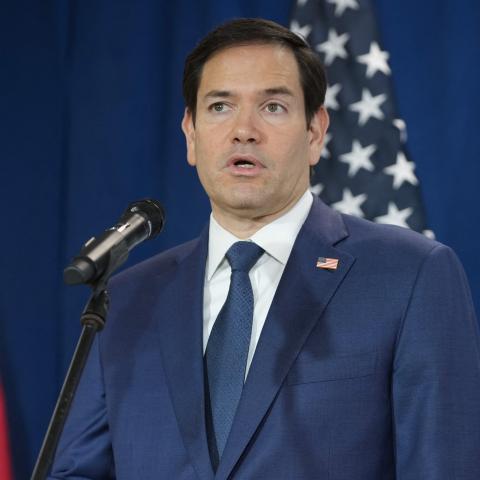 Secretary of State Marco Rubio speaks to reporters after watching people board a repatriation flight bound for Colombia in Panama City on February 3, 2025. (Mark Schiefelbein/AFP via Getty Images)