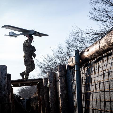 Drone operators are seen working near the front line in Kharkiv Oblast, Ukraine, on February 12, 2025. (Wolfgang Schwan/Anadolu via Getty Images)