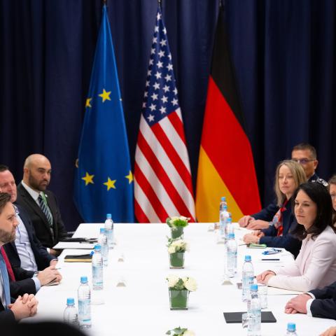 14 February 2025, Bavaria, Munich: Federal President Frank-Walter Steinmeier, J.D. Vance, Vice President of the United States of America, and Annalena Baerbock (Alliance 90/The Greens), Foreign Minister, meet for talks at the Munich Security Conference. The 61st Munich Security Conference (MSC) will take place from February 14 to 16, 2025 at the Hotel Bayerischer Hof in Munich. Photo: Sven Hoppe/dpa (Photo by Sven Hoppe/picture alliance via Getty Images)