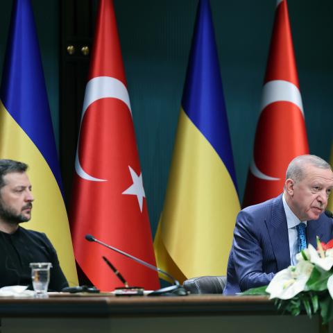 Recep Tayyip Erdogan and President Volodymyr Zelenskyy attend a ceremony for signing bilateral agreements at the Presidential Complex in Ankara, Turkiye, on February 18, 2025. (TUR Presidency/Murat Cetinmuhurdar/Anadolu via Getty Images)