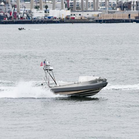 Global Autonomous Reconnaissance Craft from Unmanned Surface Vessel Squadron 3 operates remotely in San Diego Bay on May 15, 2024. (US Navy photo)