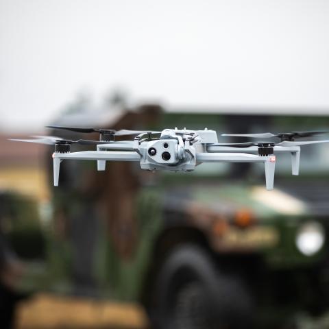 The Skydio X10D drone flies during a counter-uncrewed aerial systems training exercise at  Grafenwoehr Training Area in Bavaria, Germany, on February 13, 2025. (US Army photo)