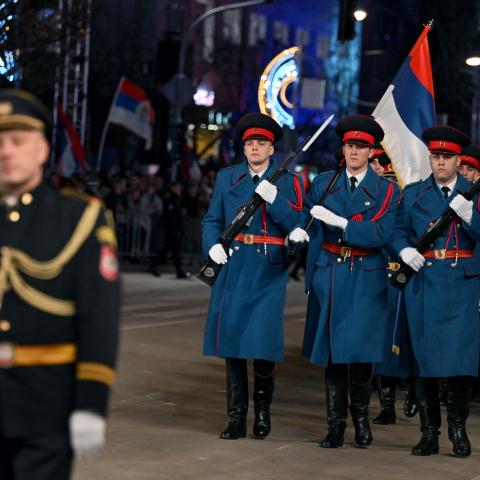 Bosnian Serb police officers march during a parade as part of a ceremony marking “Republika Srpska Day” in Banja Luka, Bosnia and Herzegovina, on January 9, 2025. (Getty Images) 