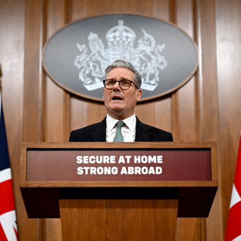 Britain's Prime Minister Keir Starmer delivers a speech on defence and security spending during a press conference at the Downing Street Briefing Room in central London on February 25, 2025. (Leon Neal/AFP via Getty Images)