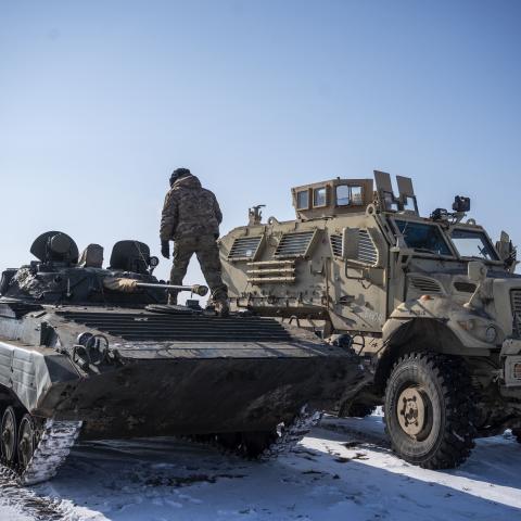 93rd Brigade training with an International M1224 MaxxPro Mine-Resistant Ambush Protected infantry transport vehicle and two Soviet BMP-2 infantry fighting vehicles in Donetsk Oblast, Ukraine, on February 27, 2025. (Jose Colon/Anadolu via Getty Images)